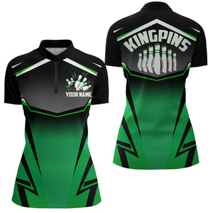 Custom Bowling Shirt for Women Kingpins Green Quarter-Zip Bowling Shirt with Name Ladies Jersey NBZ182