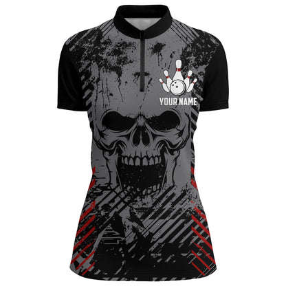 Personalized Skull Bowling Shirt for Women Custom Team's Name Bowling Jersey Lady Quarter-Zip Shirt NBZ126