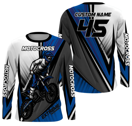 Personalized Motocross Jersey UPF 30+, Dirt Bike Motorcycle Off-Road Racing Long Sleeves - Blue| NMS367