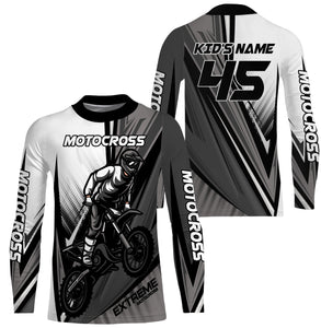 Personalized Motocross Jersey UPF 30+, Dirt Bike Motorcycle Off-Road Racing Youth Long Sleeves- Grey| NMS368