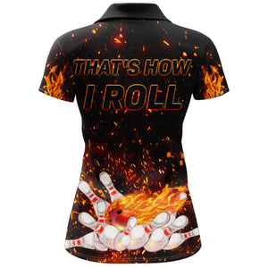 Flame Polo Bowling Shirt for Women, Personalized Black Bowling Jersey for Female Bowlers NBP139