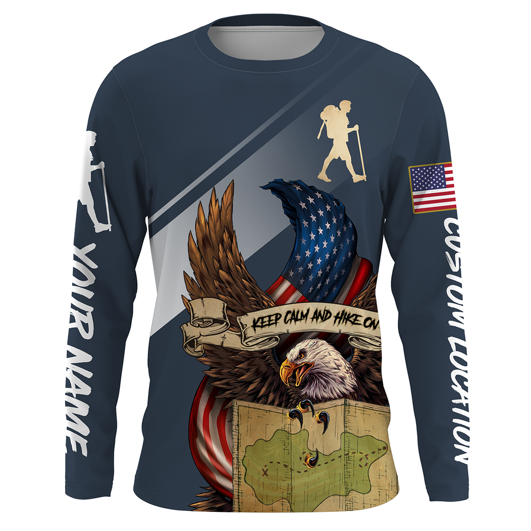 Personalized Mountain Hiking Shirt Women Gifts for Hikers American Eagle Flag Long Sleeve Hiking Shirt SP17
