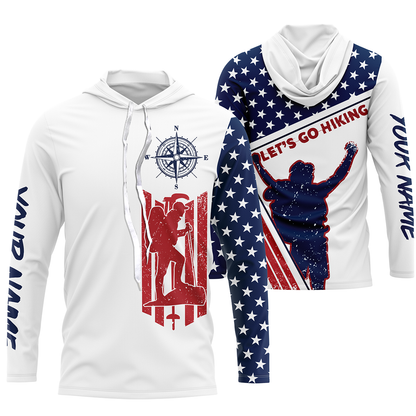 Personalized American Flag Hike Shirt for Men Let’s Go Hiking Jersey UPF30+ Compass in the Forest Cool Cloth| SP4