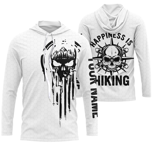 Happiness is Hiking Skull Hiker Shirt Hiking Gifts for Dad Hikers Custom Name Sun Protection Hiking Shirts SP5
