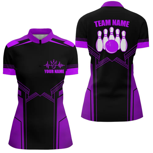 Purple Bowling Quarter Zip Shirt for Women Custom Bowling Jersey With Name Ladies Bowling Team Shirt BDT81