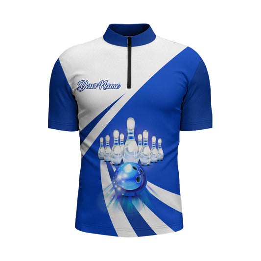 Custom Bowling Quarter Zip Shirt for Men Blue Bowling Jersey 1/4 Zip Bowling Team League Shirt BDT88