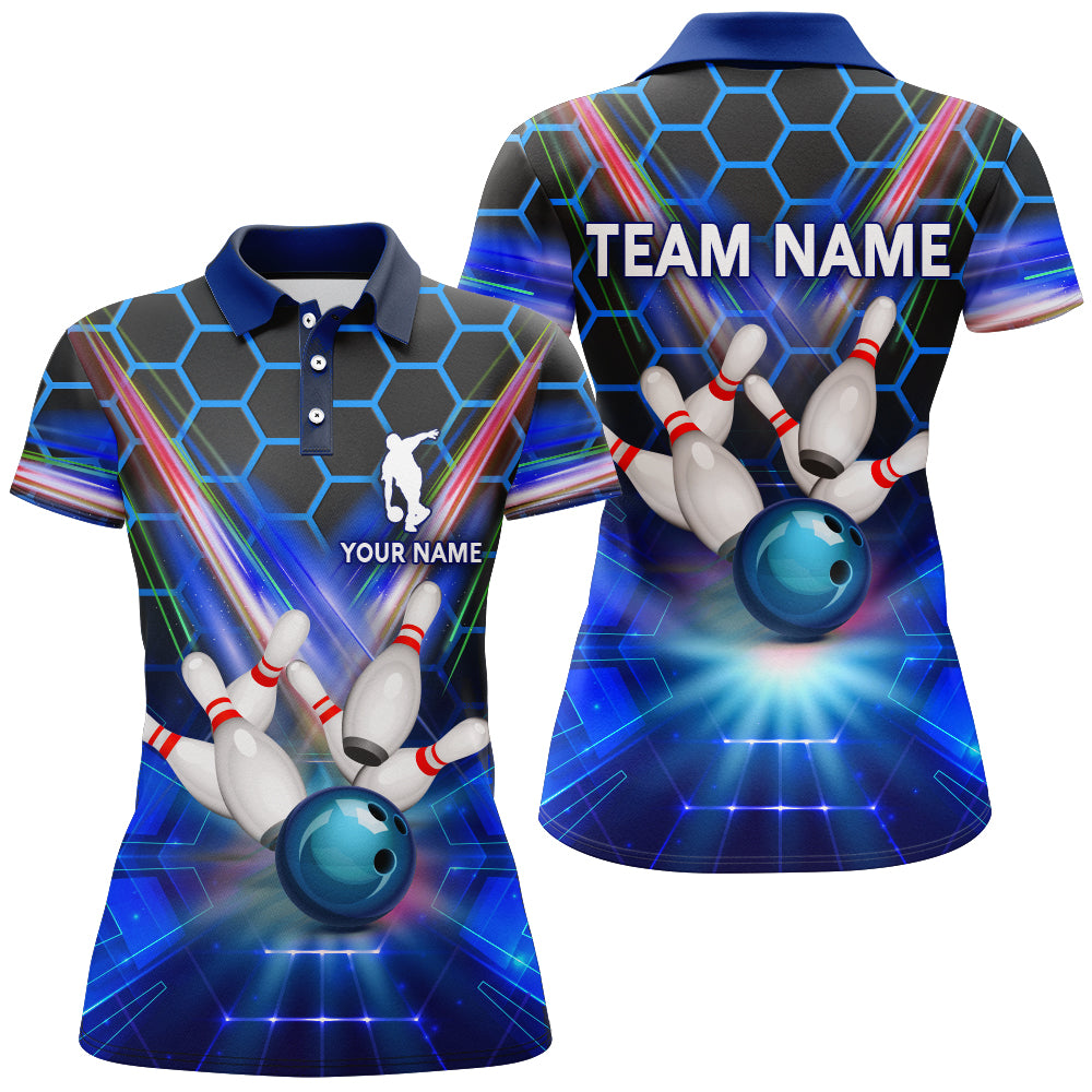 Blue Bowling Shirt For Women Custom Name Polo Bowling Jersey 3D Ladies Bowling Team Shirt BDT44