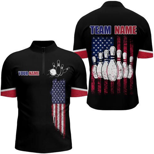 American Flag Bowling Quarter Zip Shirt Personalized Bowling Jersey Men Patriotic Bowling Team Shirt BDT59