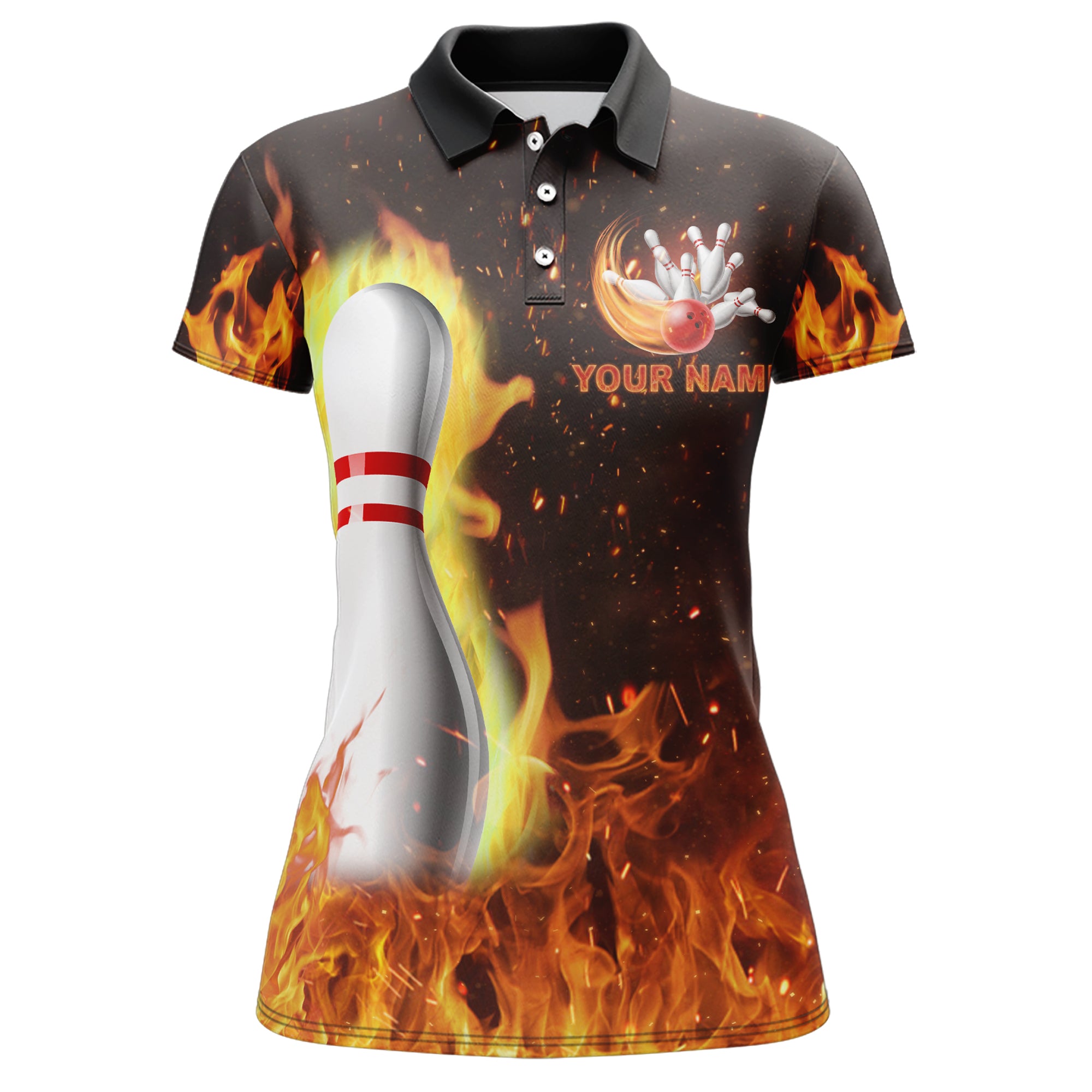 White Bowling polo Shirt for women Custom flame bowling ball pins