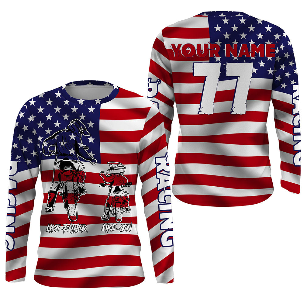 Dirt Bike USA Flag _ Stars Stripes Motorcross Motorbike T Shirt - Limotees