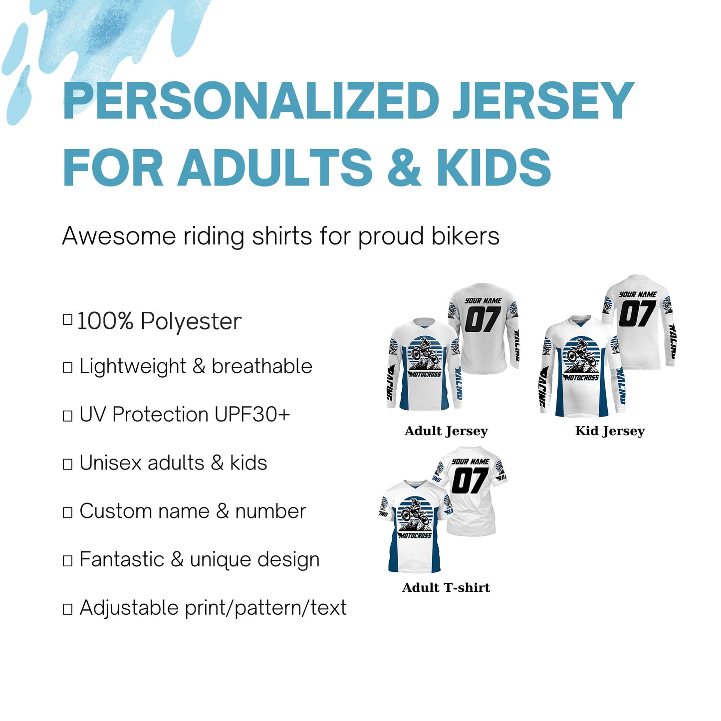 Personalized MX off-road jersey blue and white Motocross kid&adult UPF30+ biker racing off-road  PDT184