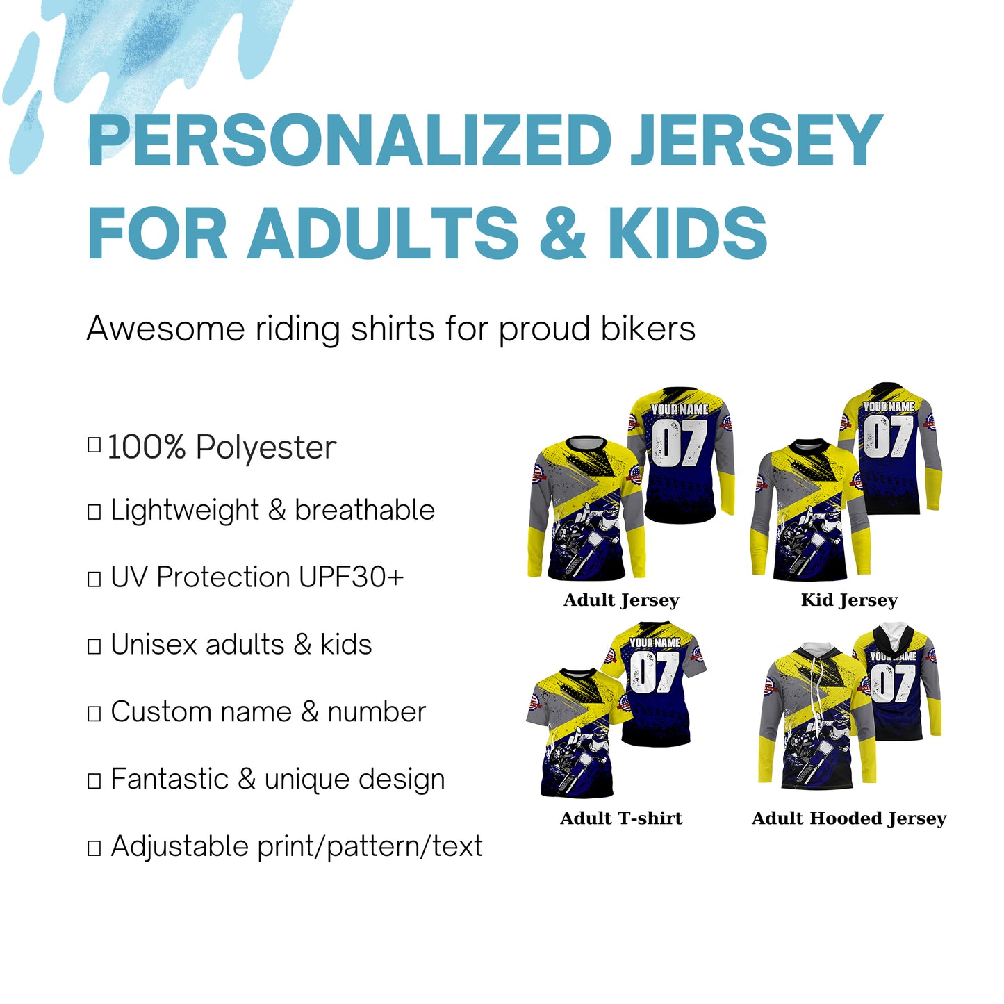 Kids youth adult jersey for dirt bike custom UV blue Motocross racing shirt off-road motorcycle PDT100