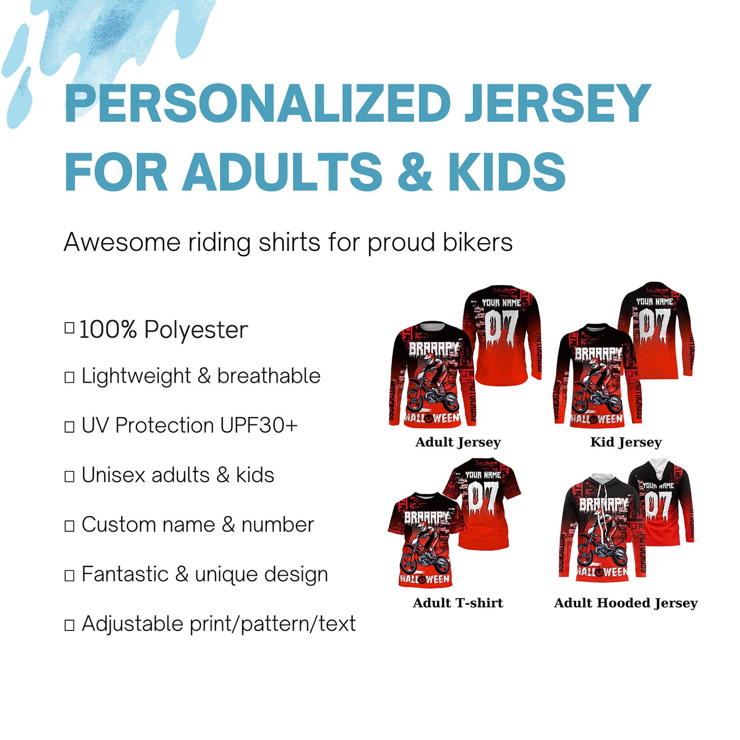 Braaapy Halloween personalized motocross jersey UPF30+ kids men women dirt bike costume for bikers NMS1042