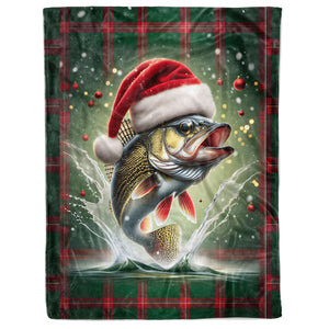 Christmas Walleye Fishing Blanket, Christmas Plaid Walleye Fishing Gifts IPHW5679