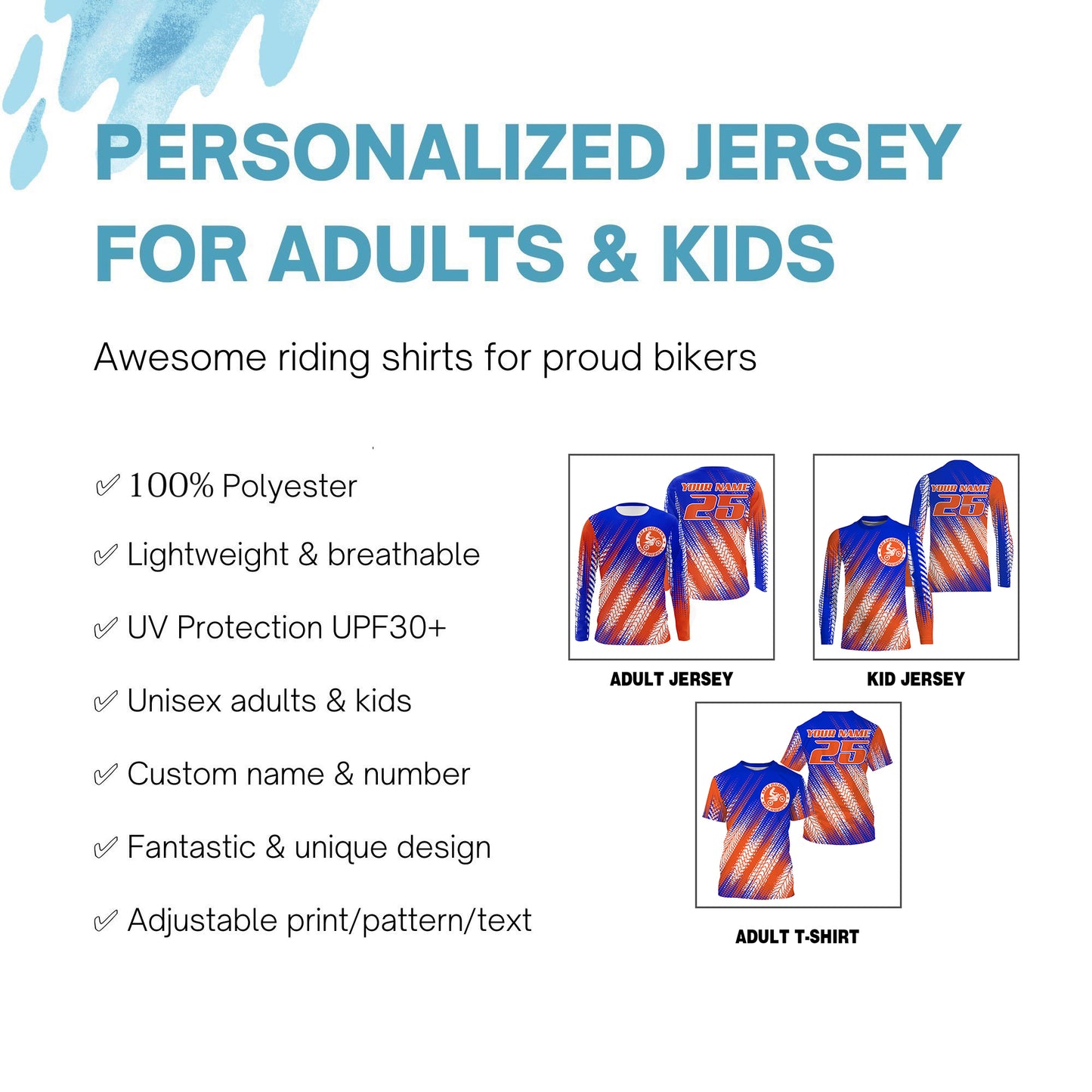 Blue and orange MX racing jersey custom youth men women biker UPF30+ off-road extreme motorcycle PDT119