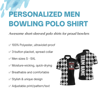 Personalized Men Polo Bowling Shirt Black & White Argyle Bowlers Custom Team Short Sleeves Jersey NBP17