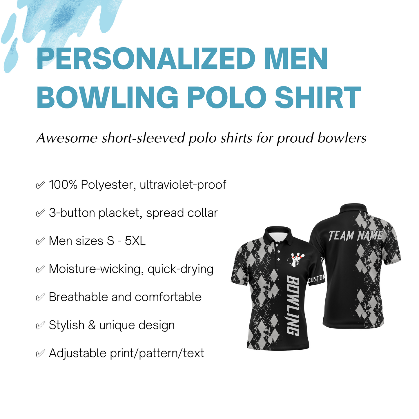 Personalized Men Polo Bowling Shirt, Custom Name Argyle Pattern Bowler Team Jersey NBP23