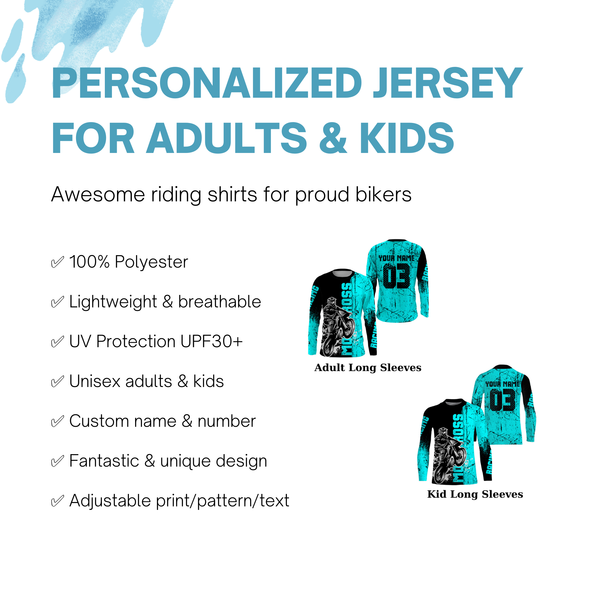  Kid Motocross Jersey Personalized UPF 30+, Dirt Bike Motorcycle  Off-Road Racing Youth Long Sleeves| NMS365 : Automotive