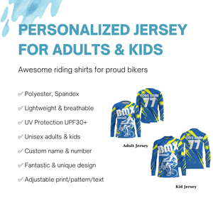 Personalized adult kid BMX jersey UPF30+ blue BMX riding shirt Cycling enduro bicycle gear| SLC59