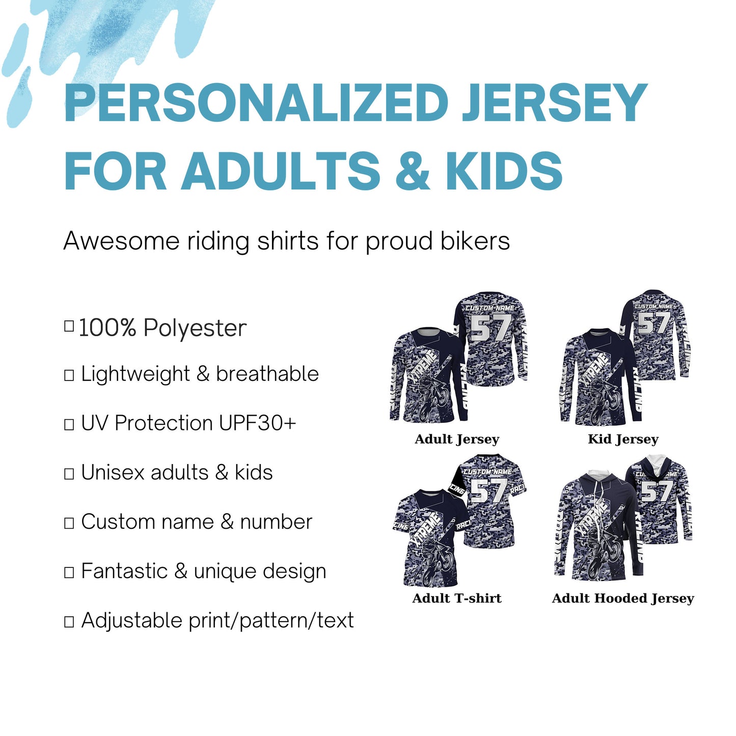 Camo Motocross jersey youth boys girls UPF30+ Motocross custom off-road racing motorcycle shirt PDT84