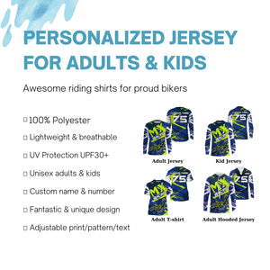 Blue Motocross jersey dirt bike custom shirt UPF30+ for kid men women MX racing off-road racewear PDT103