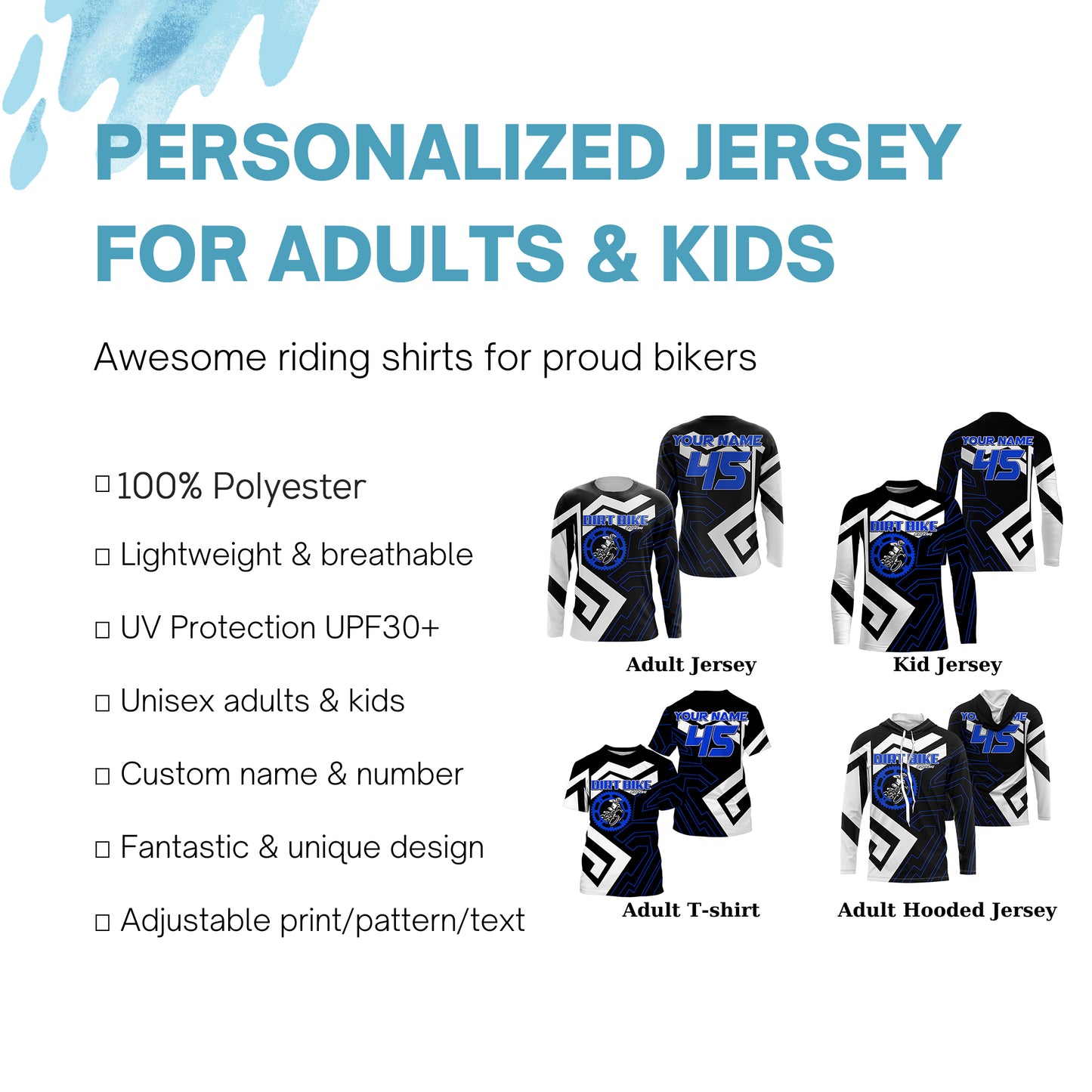 Custom dirt bike jersey blue UPF30+ kids adults motocross racing long sleeves motorcycle off-road NMS1036