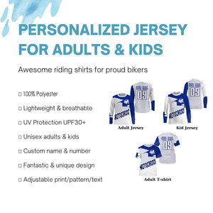 Blue and white MX riding jersey custom Motocross kid&adult UPF30+ racing dirt bike off-road shirt PDT180