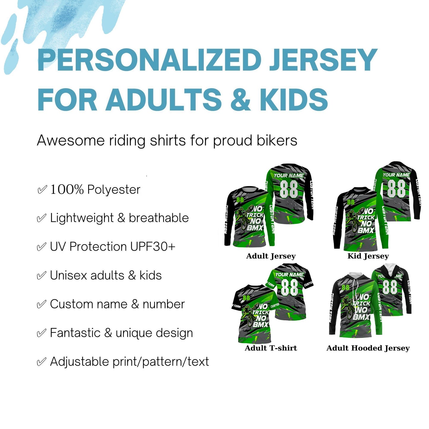 Green BMX racing jersey UPF30+ adult kid BMX shirt Lightweight cycling bicycle motocross gear| SLC111