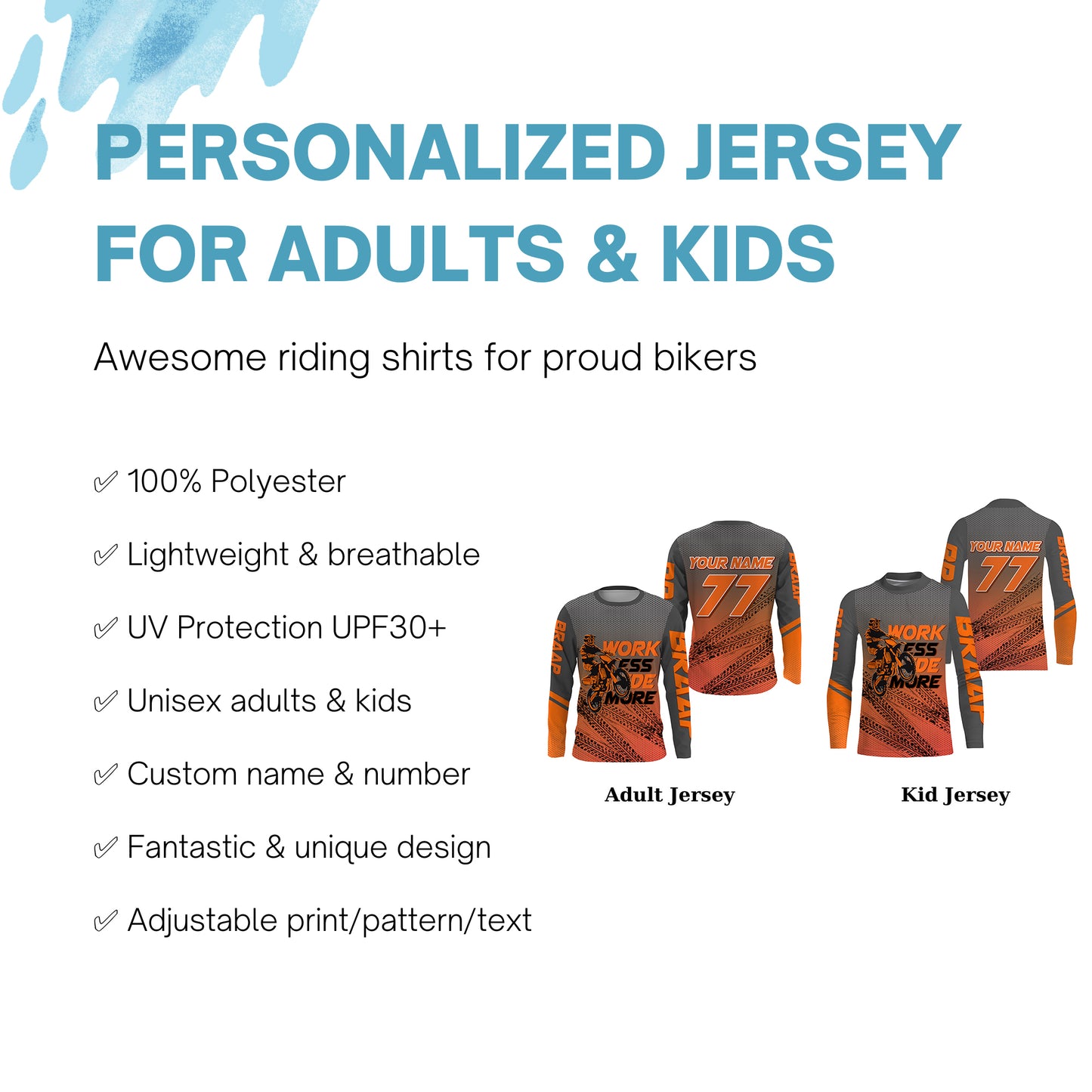 Kid&Adult Custom Motocross Jersey UPF30+ Orange Dirt Bike MX Racing Work Less Ride More NMS1230