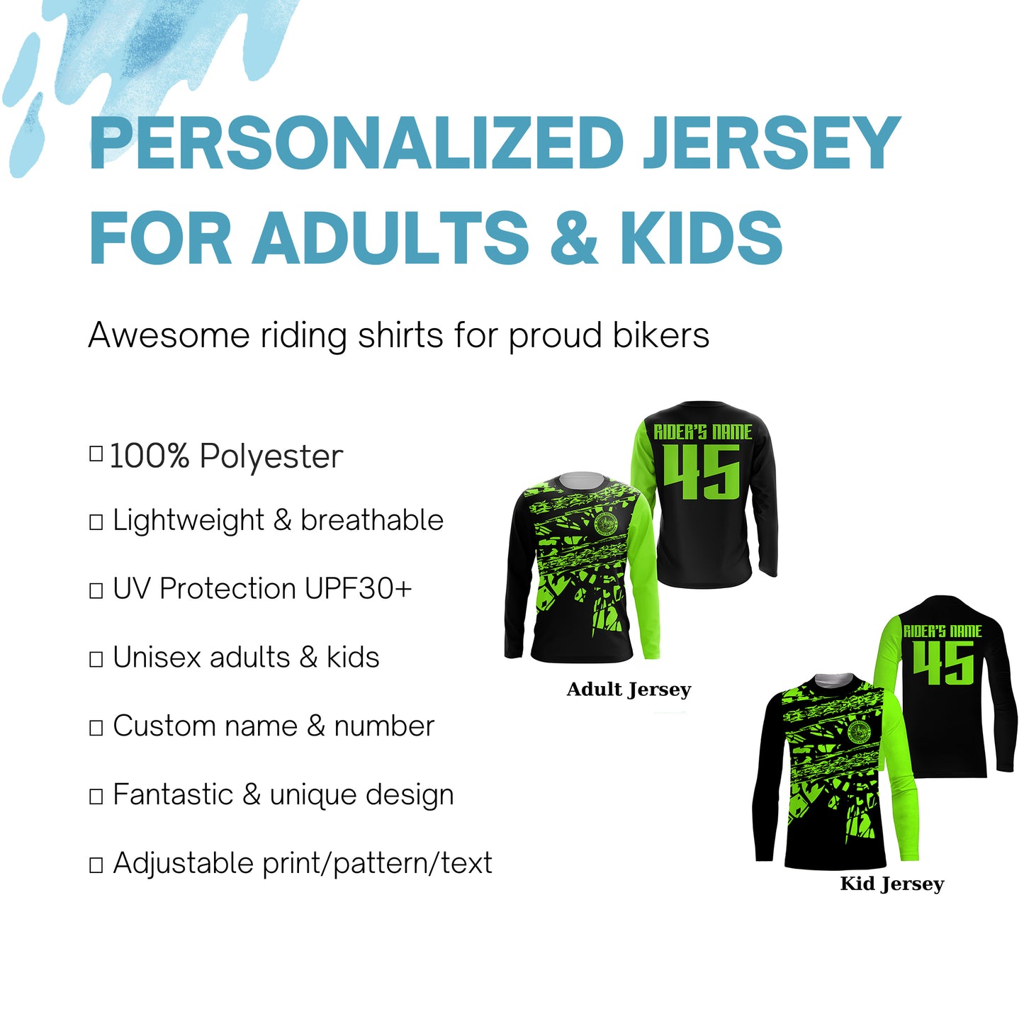 Kid&Adult Green Motocross Jersey Personalized UPF30+ No Guts No Glory MX Racing Dirt Bike Jersey NMS1204