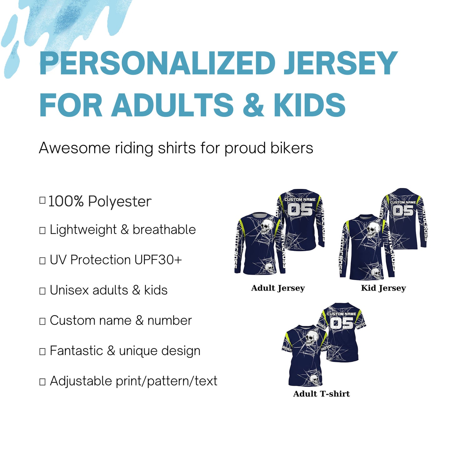 Personalized Motocross racing jersey UPF30+ skull extreme men women kids blue dirt bike outfit PDT196
