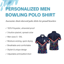 Load image into Gallery viewer, Custom Men Polo Bowling Shirt Navy Blue Bowling Pins and Ball Pattern Short Sleeve Men Bowlers NBP05