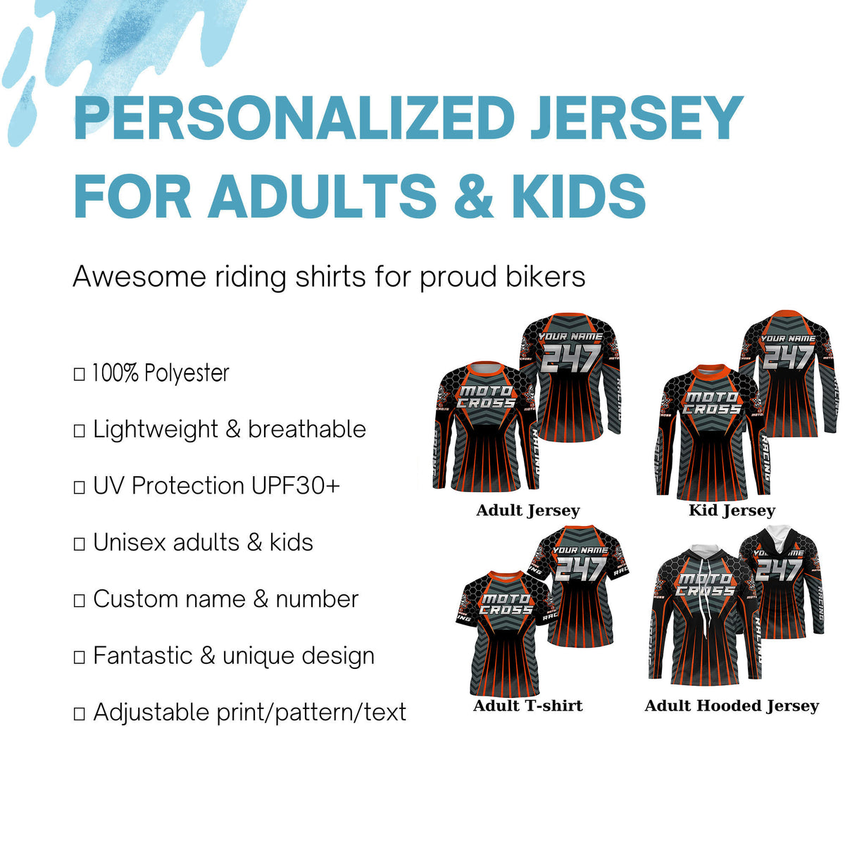 Personalized orange Motocross jersey men women kid racing UPF30+ biker off-road motorcycle shirt PDT303