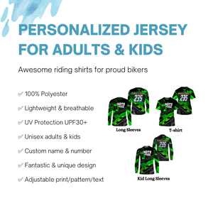 Personalized Motocross Jersey UPF30+, Motorcycle Green Dirt Bike Racing Shirt Off-Road Riders Racewear| NMS427