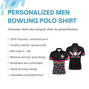 Personalized Men Polo Bowling Shirt Colorful Balls and Pins Champion Short Sleeves Men Bowlers NBP11