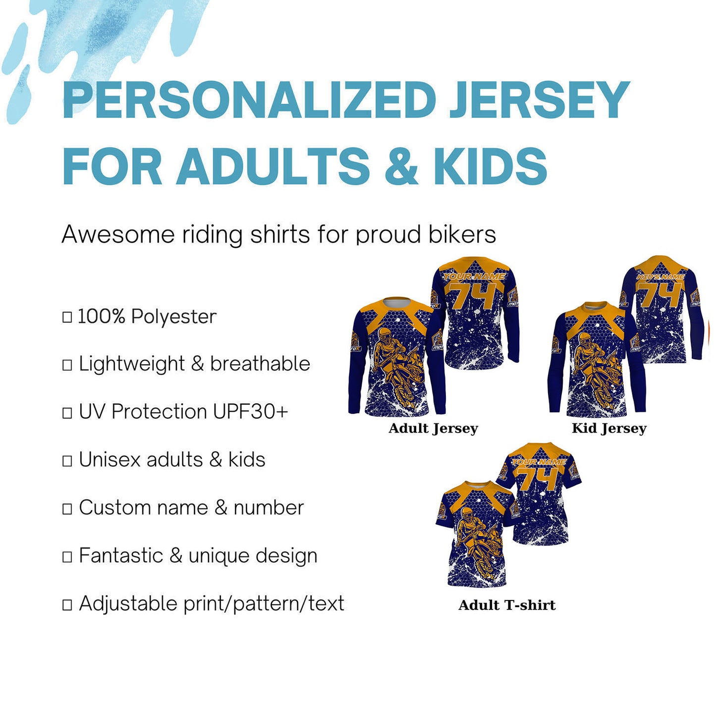 Blue custom Motocross riding jersey youth men women MX racing UPF30+ off-road extreme motorcycle PDT118