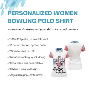 Personalized Women Polo Bowling Shirt, Queen of The Lanes, Short Sleeve Female Bowlers Jersey NBP30