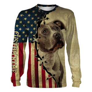 Pitbull T-shirt Long Sleeve Hoodie| Custom All Over Print USA Flag Pitbull Shirt for Dog Dad Dog Mom JTSD287