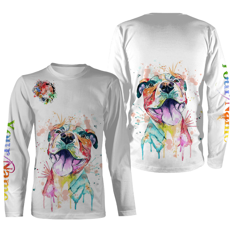 Watercolor Pitbull T-shirt Long Sleeve Hoodie| Custom Name Pitbull Terrier Lover Shirt| JTSD291