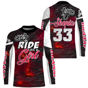 Ride Like A Girl Motocross Jersey Personalized UPF30+ Red Dirt Bike Riding Shirt Women Girls NMS741