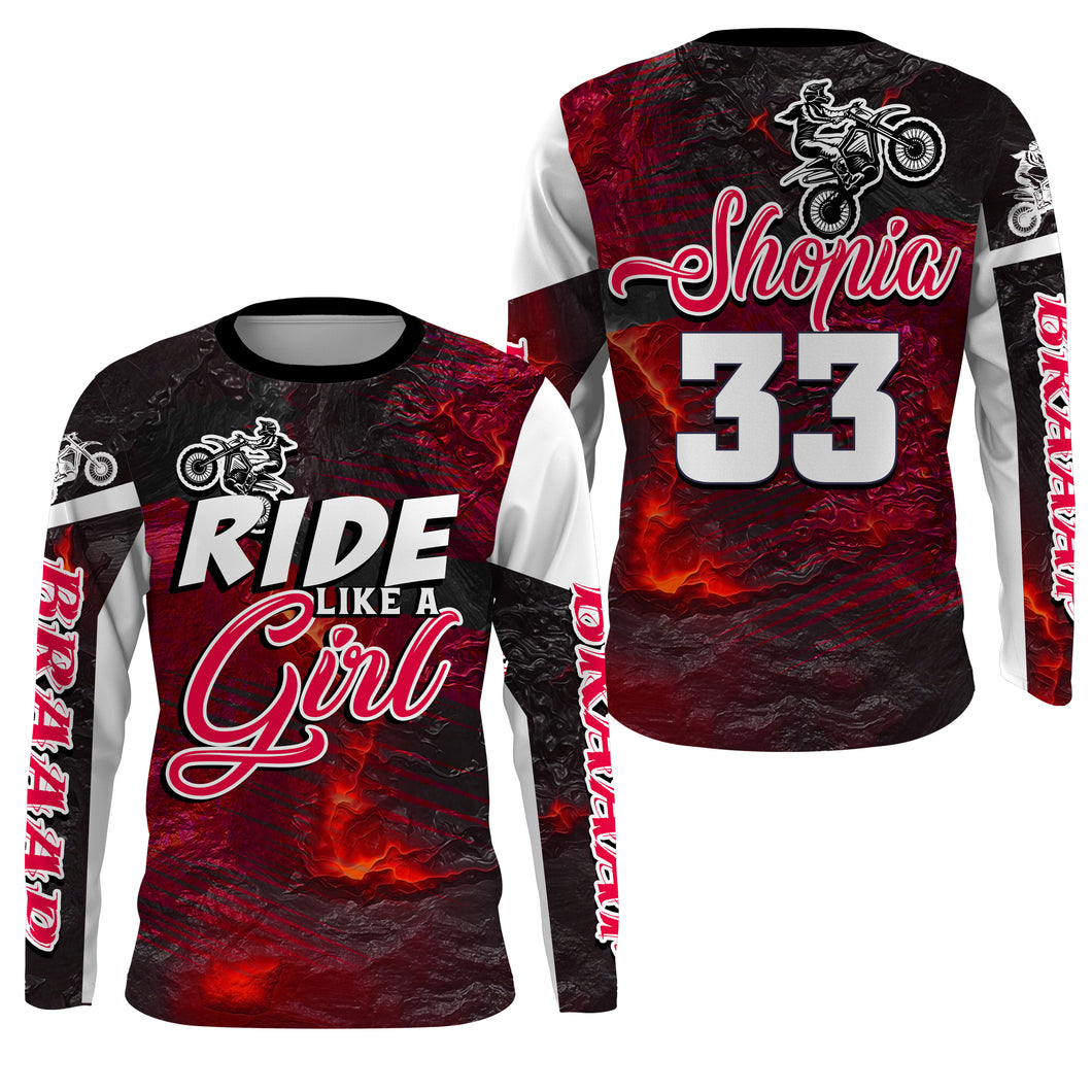 Ride Like A Girl Motocross Jersey Personalized UPF30+ Red Dirt Bike Riding Shirt Women Girls NMS741