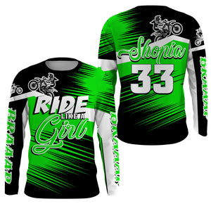 Ride Like A Girl Motocross Jersey Personalized UPF30+ Green Dirt Bike Riding Shirt Women Girls NMS737