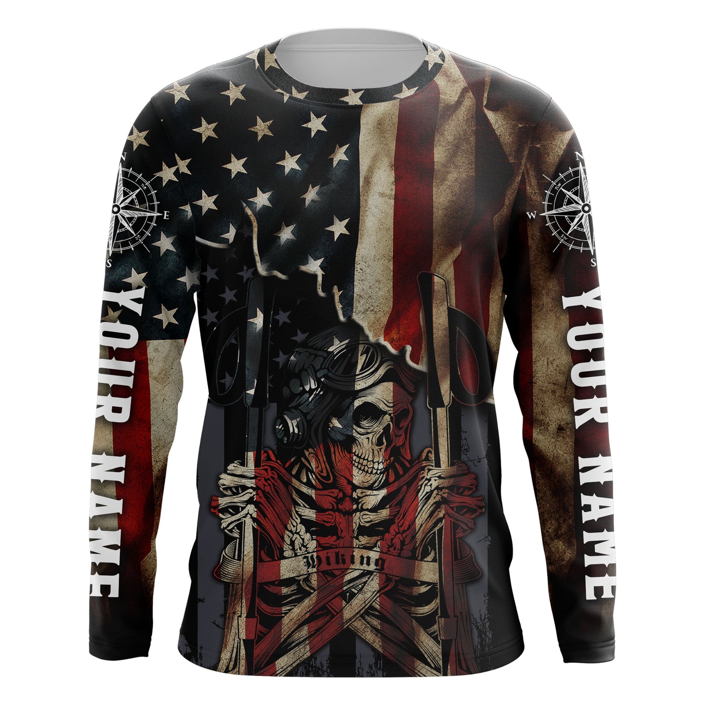 Personalized American Hiking Shirt - Patriotic Skull Hiking Sticks Jersey, Gifts for Hikers and Campers| SP119