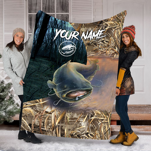Catfish Fishing Customize Name camo fishing fleece blanket - Gone Fishing Custom name Blanket, Personalized Fishing Gift NQS2917