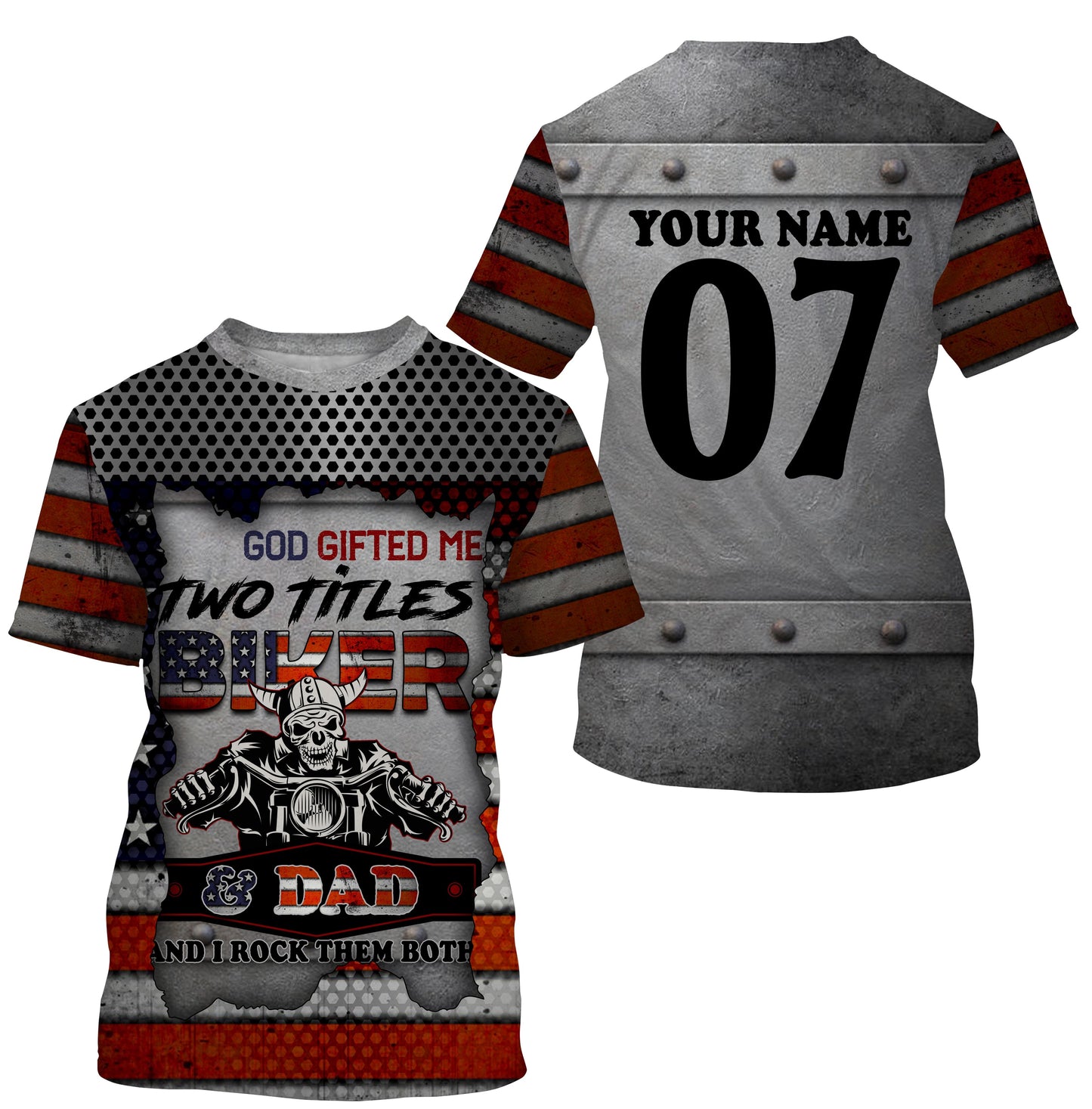 Biker Dad American Flag Riding Jersey Personalized Skull Motorcycle Shirt Father's Day Gift for Riders| NMS520