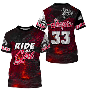 Ride Like A Girl Motocross Jersey Personalized UPF30+ Red Dirt Bike Riding Shirt Women Girls NMS741