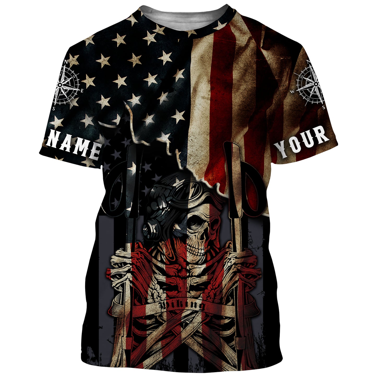 Personalized American Hiking Shirt - Patriotic Skull Hiking Sticks Jersey, Gifts for Hikers and Campers| SP119