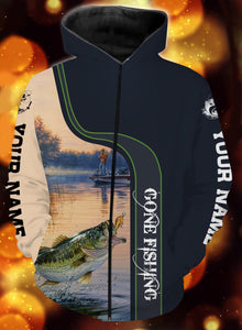 Personalized name gone fishing full printing hoodie, zip up, sweater