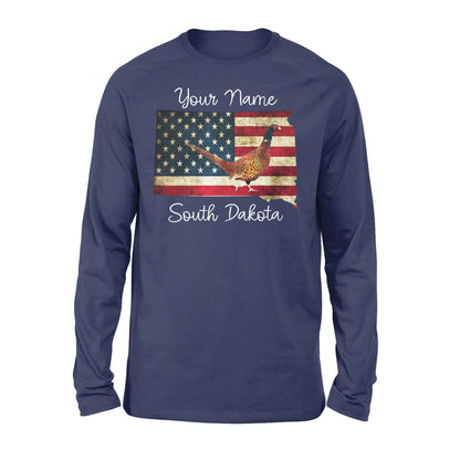 Pheasant hunting shirt South Dakota American Flag bird hunter custom name Long sleeve - FSD1162 D06