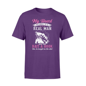 Beautiful thoughtful gift T-shirt for your fisherwomen - "My heart belongs to a real man who can bait a hook" - SPH42